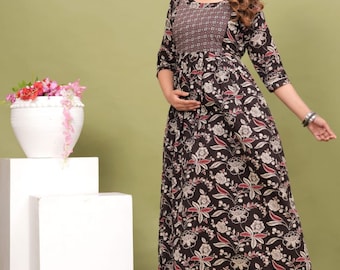 ELEGANT NURSING BLACK Floral Cotton Gowns: The Perfect Solution for New Mothers, Zip for Feeding Daily Wear Gown, Spring Summer Dress