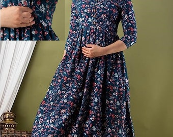 BLUE FLORAL MATERNITY Nursing Gown, Pregnancy Dress for Woman, Zip for Baby Feeding Daily Wear Kurti, Church Nursing for Breastfeeding