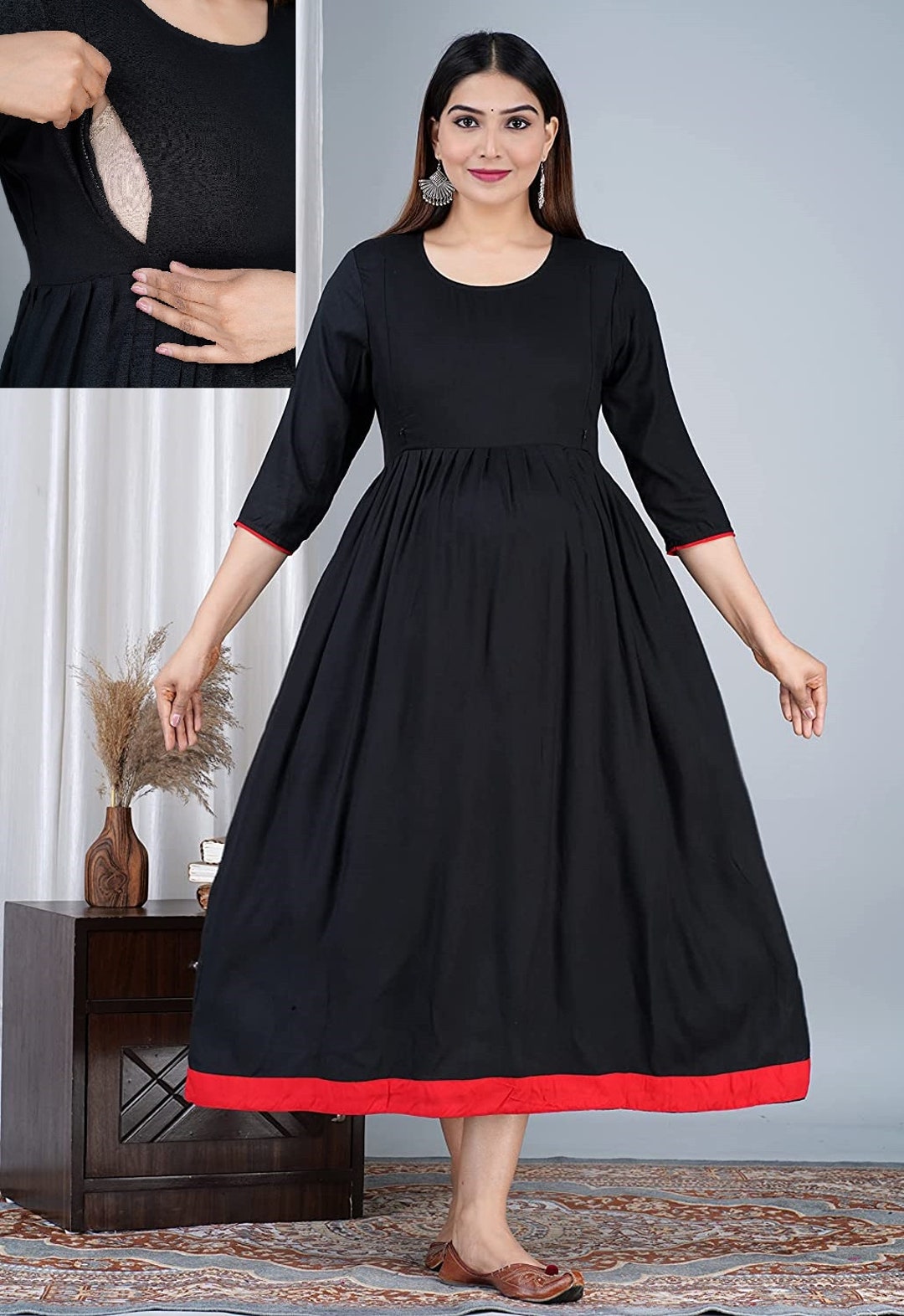 SOLID BLACK BREASTFEEDING Gowns, Maternity Gowns With Nursing Access