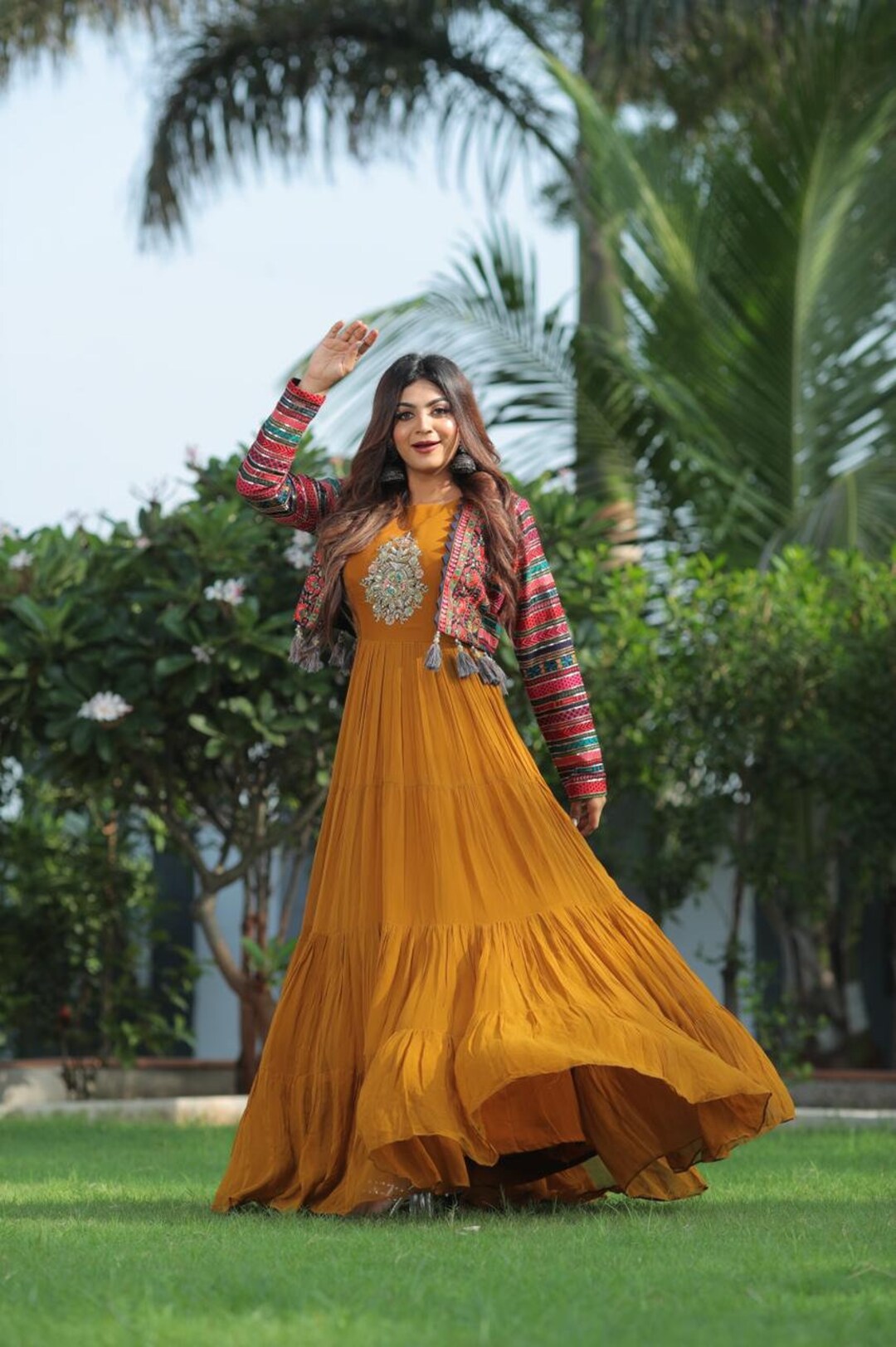 Long frock with short jacket sale