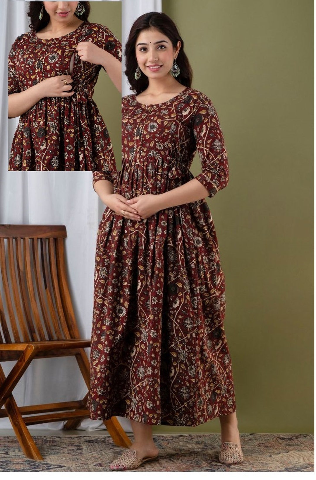 FLORAL MATERNITY NURSING Brown Gown, Pregnancy Dress for Woman, Zip for ...