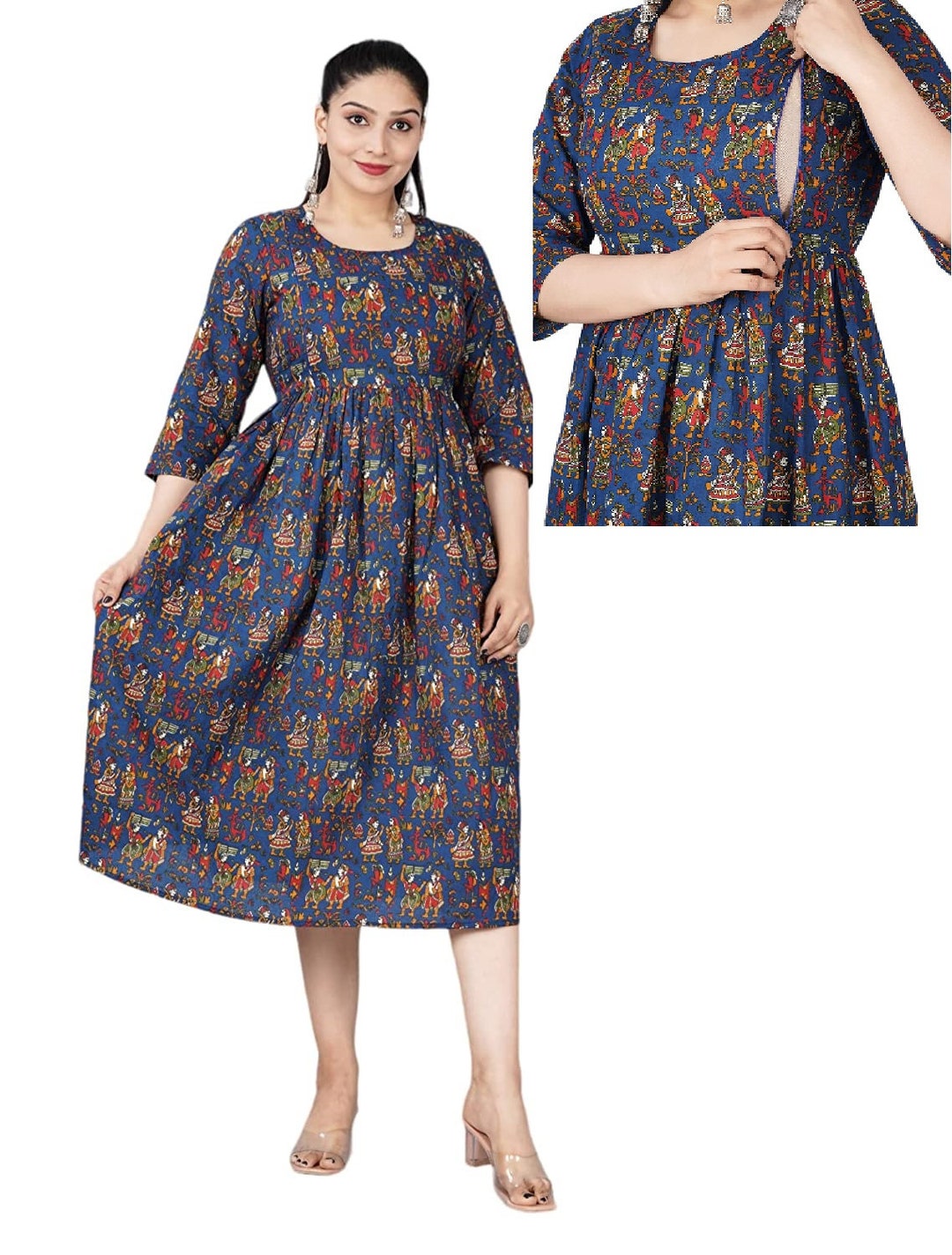 PLUS SIZE BREASTFEEDING Gowns, Blue Pregnancy Dress, Maternity Gowns