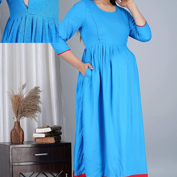 BREASTFEEDING MATERNITY With SIDE Zipper, Solid Blue Post Pregnancy Gown Dress, Zip for Feeding Daily Wear Gown, Spring Summer Dress