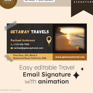 Puede incluir: Una plantilla de firma de correo electrónico en negro y amarillo para una agencia de viajes llamada Getaway Travels. La firma incluye el nombre de la empresa, la información de contacto y una escena de playa al atardecer. El texto "Firma de correo electrónico de viaje fácil de editar con animación" se muestra debajo de la firma.