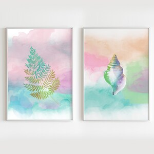 Arte digital de concha e samambaia, efeito aquarela para impressão, arte moderna de concha, download digital, arte para impressão, cores suaves