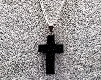 Blue Sand Gemstone Cross Necklace 1.6 inch Cross with Black or White Rope Chain