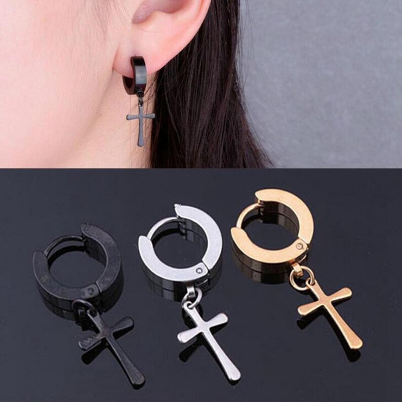 Stainless Steel Hoop Pierced Cross Earrings in 4 Styles Black - Etsy