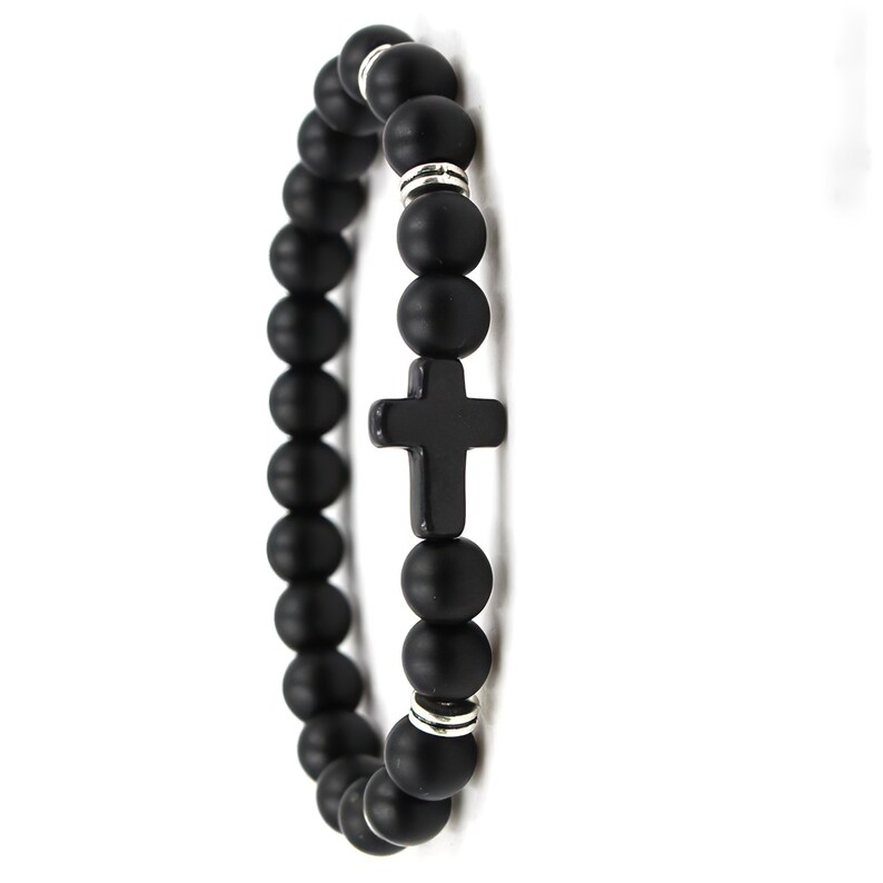 Black Beaded Cross Stretch Bracelet for Men or Women Etsy