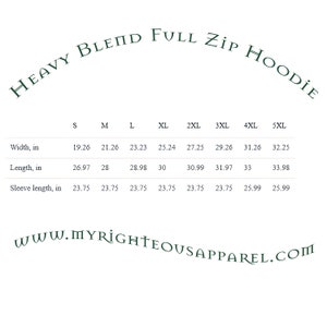 May include: Size chart for a heavy blend full zip hoodie, showing measurements in inches for width, length, and sleeve length for sizes S through 5XL.
