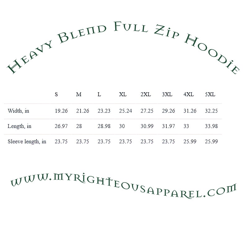 May include: Size chart for a heavy blend full zip hoodie, showing measurements in inches for width, length, and sleeve length for sizes S through 5XL.