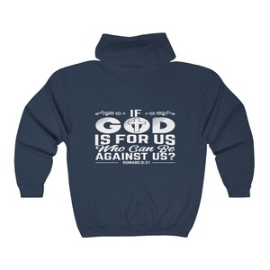 If God Is For Us Full Zip Hoodie, Christian Faith Sweatshirt, Unisex Religious Zipper Jacket, Inspirational Hoodie, Sizes S-2XL Navy