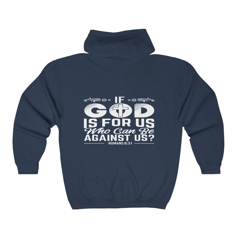 If God Is For Us Full Zip Hoodie, Christian Faith Sweatshirt, Unisex Religious Zipper Jacket, Inspirational Hoodie, Sizes S-2XL Navy