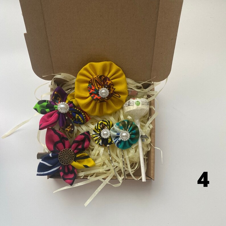 Small Postbox Hamper African Print Fabric Ntoma Ankara Kitenge Handmade Hair Clips Gift Idea Hair Pins and Sweet Letterbox Gift