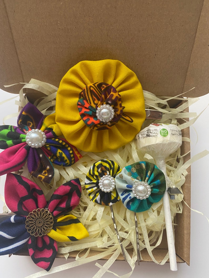 Small Postbox Hamper African Print Fabric Ntoma Ankara Kitenge Handmade Hair Clips Gift Idea Hair Pins and Sweet Letterbox Gift