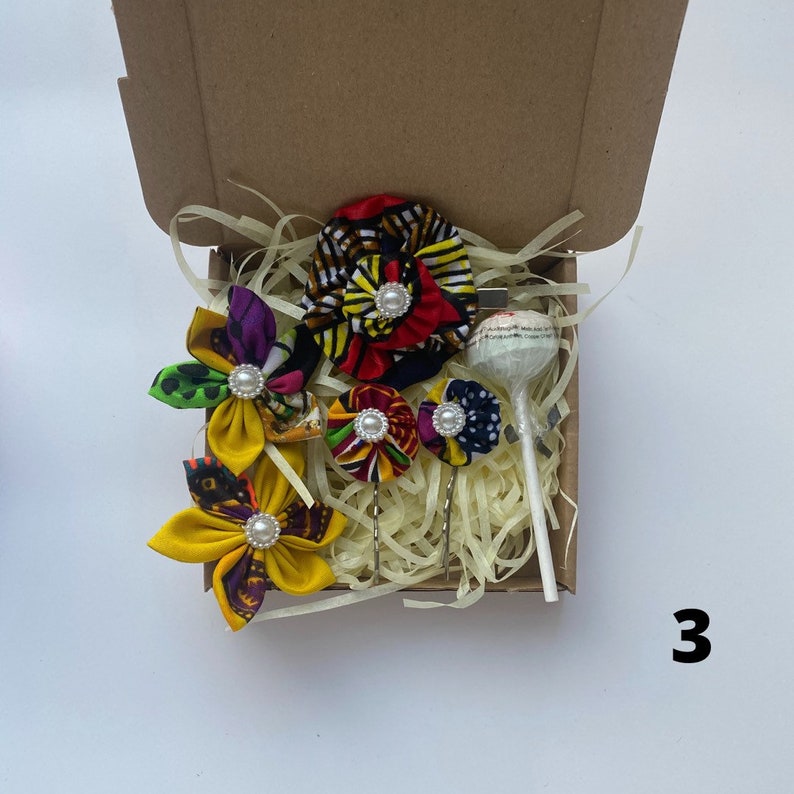 Small Postbox Hamper African Print Fabric Ntoma Ankara Kitenge Handmade Hair Clips Gift Idea Hair Pins and Sweet Letterbox Gift