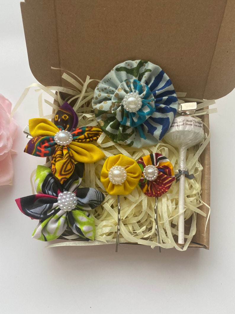 Small Postbox Hamper African Print Fabric Ntoma Ankara Kitenge Handmade Hair Clips Gift Idea Hair Pins and Sweet Letterbox Gift