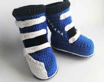 Baby motocross boots. Crochet cotton boots for motorbike. High boots biker. Size 10cm. Racing baby shoes.  Newborn boots for bike.