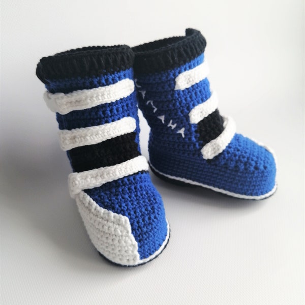 Baby motocross boots. Crochet cotton boots for motorbike. High boots biker. Size 10cm. Racing baby shoes.  Newborn boots for bike.