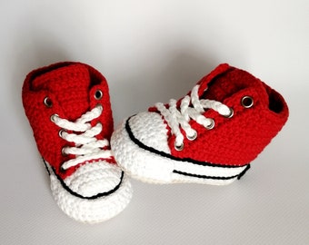 Crochet baby red sneakers. Cotton shoes in sport  style. Gumshoes for newborn. Cute gift for baby. Infant sneaker for girl.