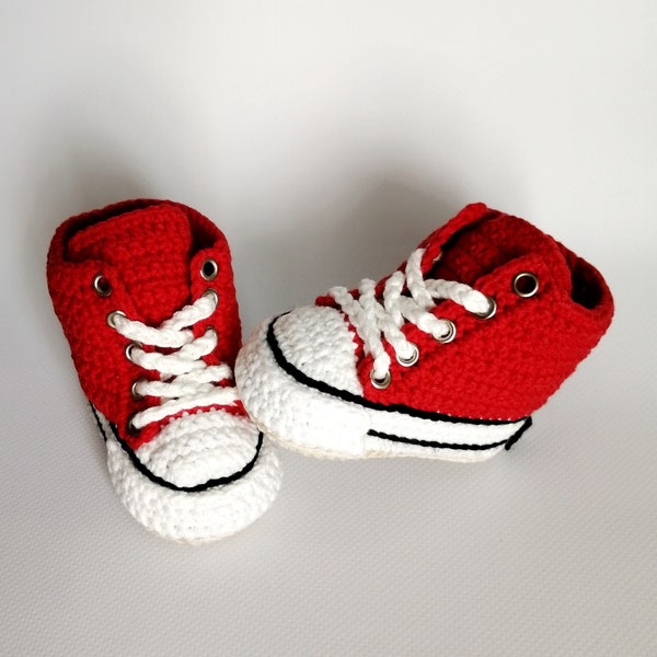 Crochet baby red sneakers. Cotton shoes in sport  style. Gumshoes for newborn. Cute gift for baby. Infant sneaker for girl.