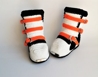 Baby motocross boots. Crochet baby white cotton boots. High boots biker. Size 10cm. Racing baby shoes.  Baby boots for bike