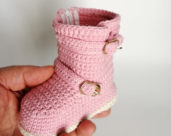Crochet Baby Boots: Pink Cotton Booties, Newborn Gift (10.5cm)