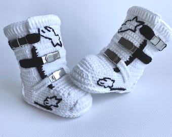 Baby motocross boots. Crochet cotton boots for motorbike. High boots biker. Size 10cm. Racing baby shoes. Newborn boots for bike.