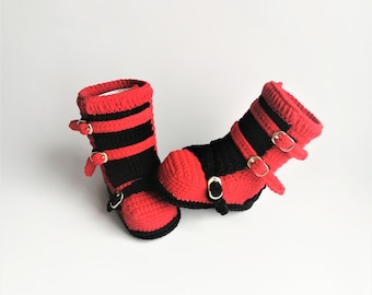 Baby motocross boots. Crochet cotton red boots for motorbike. High boots biker. Size 10cm. Racing baby shoes.  Newborn boots for bike.
