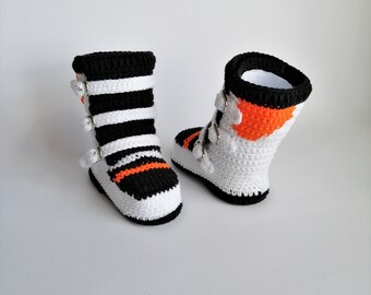 Baby motocross boots. Crochet baby white cotton boots. High boots biker. Size 10cm. Racing baby shoes.  Baby boots for bike