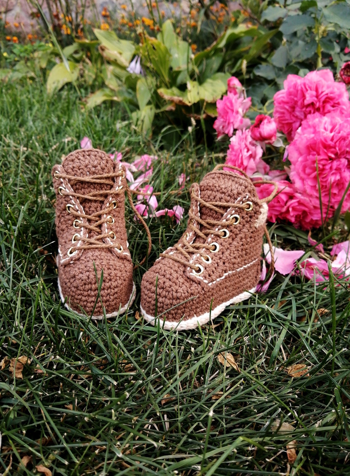 Baby Work Boots. Crochet Baby Cotton Booties. Brown Shoes Newborn