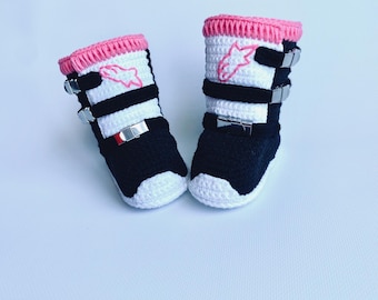 Motorcycle boots for baby girl. Crocheted cotton motoboots. Infant motocross boots size 10 cm.