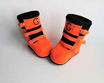 Motocross boots for baby. Baby biker boots in cotton yarn. Orange model. Size 10 cm. Baby dirt bike boots. Replica off road racing boots.