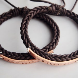 Couple Name bracelets, couples gifts, couple anniversary date bracelet, Braided leather, anniversary bracelet, personalized couple bracelets Brown leather+copper
