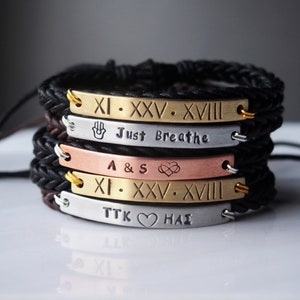 Custom information bracelet, braided leather band, Customized bracelet, custom engraved bracelet, custom text bracelet personalized bracelet