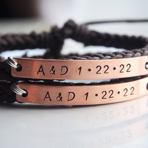 Pulsera aniversario, Joyería hecha a mano, regalo parejas, pulsera fecha aniversario pareja, cuero trenzado, pulsera pareja, Regalo personalizado