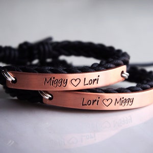 Copper Name Bracelets, couples Name Bracelets, couple jewelry, his hers, Love, braid leather, handmade jewelry, Custom engraved couple gifts