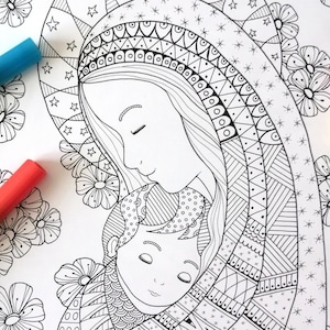 Virgin Mary with Jesus. Printable Coloring page. Instant download. Bibartworkshop