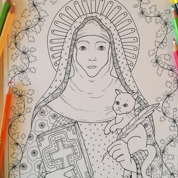 Saint Gertrude of Nivelles - Coloring page for adults, JPG Printable, Doodle Art, Instant download, Catholic art, bibartworkshop