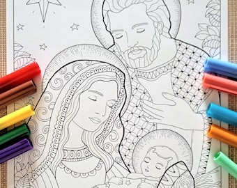 Mary Joseph and Jesus. Printable Coloring page. PDF JPEG from Bibartworkshop