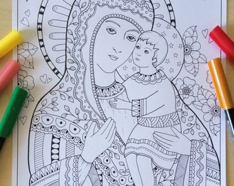Instant download, Virgin Mary with Child, Catholic Coloring page by Bibartworkshop