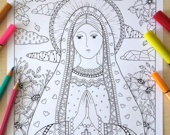 Virgin Mary blessed with rosary| Coloring page for adults| Instant download| Catholic art| bibartworkshop