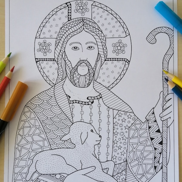 Jesus good shepherd| Printable Coloring Page for adult| Printable JPG| Printable Devotional by Bibartworkshop