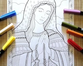 Madonna with rosary. Printable Coloring page.Coloring page for adults.Coloring page for kids.Coloring page for fun. PDF-JPG Bibartworkshop