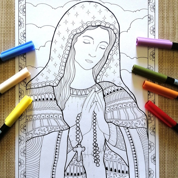 Madonna with rosaries. Printable Coloring page.Coloring page for adults.Coloring page for kids.Coloring page for fun. PDF-JPG Bibartworkshop