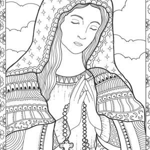Virgin Mary with rosary. Printable Coloring page for fun. PDF-JPG. Bibartworkshop