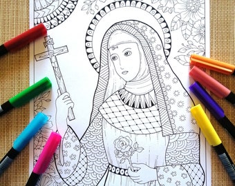 Santa Rita da Cascia. Printable Coloring Page for adult. PDF file.Devotional Art from Bibartworkshop