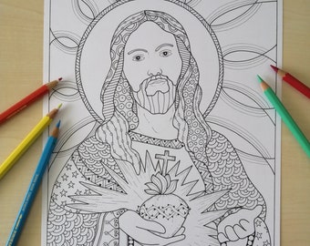 Sacred Heart of Jesus - Printable Adult Coloring page, Printable Art, Zentangle ispired, Instant download JPEG- bibartworkshop