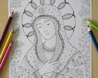 Virgin Mary Coloring page for adults, JPG Printable, Zentangle, Instant download, Catholic Art, bibartworkshop