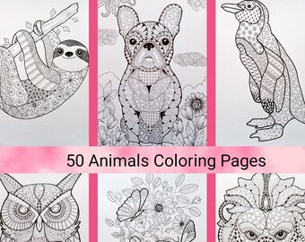 50 ANIMALS Coloring Pages. Digital Download. Adult Coloring Pages from Bibartworkshop