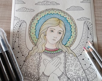 Angel Coloring Pages, Angelic Art, Christian Coloring Page by Bibartworkshop